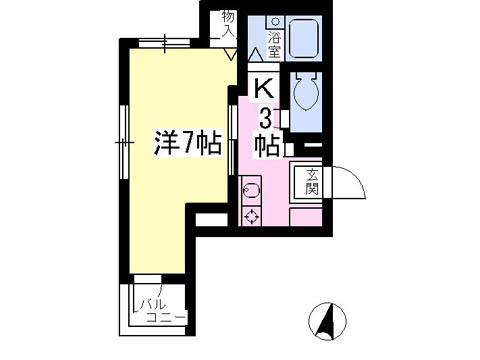 バストイレ別・角部屋・３面採光の1Ｋ