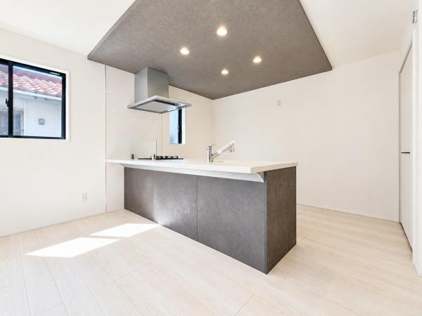 横浜市戸塚区平戸２丁目の新築一戸建の居間・リビング|対面式のキッチンはお料理中でも家族とのお話も弾みます。

