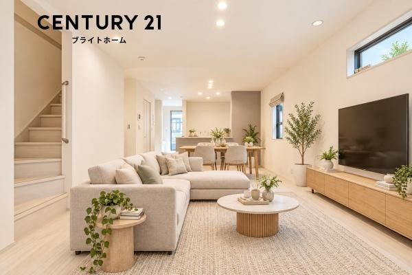川崎市川崎区台町の新築一戸建の居間・リビング|自慢したくなるリビング！
形も良く家具の配置にも困りません。
※家具等はCGでの参考レイアウトです。