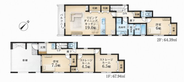 【間取り】 | 戸建 川崎市多摩区登戸 | ゆとりの19帖LDKに洗面・脱衣室分離、玄関手洗い場を完備した快適設計。ストレージルーム2箇所や各所収納など豊富な収納力も魅力です。車庫から室内へスムーズに移動でき、雨の日の外出も快適に行えます。