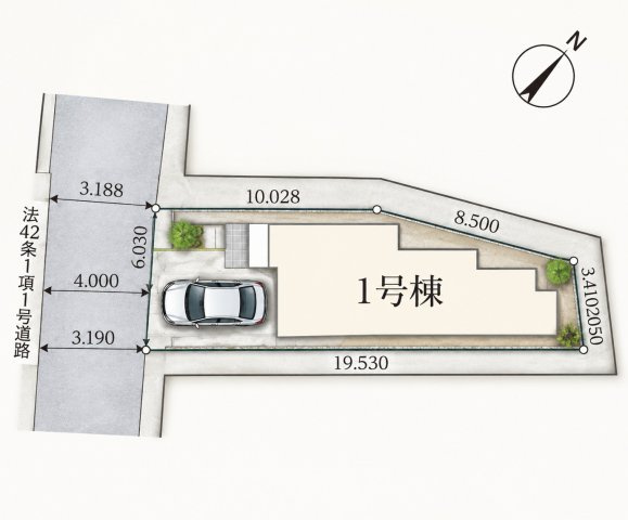 【区画図】 | 戸建 川崎市多摩区登戸 | 道路間口約6.0mの接道でスムーズな駐車が可能。敷地面積104.87平米の整形性を生かした限定1棟です