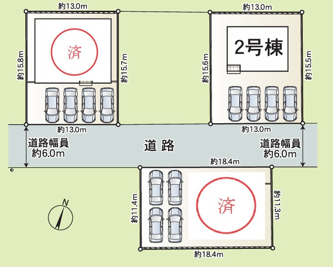 クレイドルガーデン坂出市加茂町第２◇耐震等級３取得の地震に強いオール電化！の区画図|全体区画図
各棟、駐車場スペースは３台以上のゆったりとした区画で将来の増台にも対応可能です。