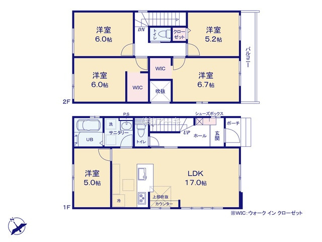 知多市つつじが丘三丁目9番4の一部『仲介手数料無料』新築一戸建て・建売の間取り|　2号棟　1F:LDK17帖に隣接する洋室5帖！スタディーカウンター♪吹抜♪2F:主寝室6.7帖・洋室6帖　WIC設置！洋室5.2帖　CL設置♪洋室6帖♪バルコニー♪