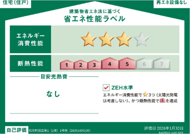 松伏町田島　新築戸建　全1棟の省エネ性能ラベル|※特定の住戸の性能を示すものであり、全ての住戸の性能を示すものではありません。
