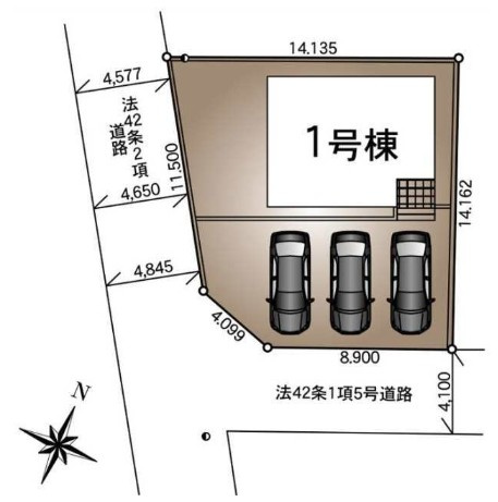 松伏町田島　新築戸建　全1棟の区画図|お車複数台所有の方にもオススメ！並列3台駐車可能！