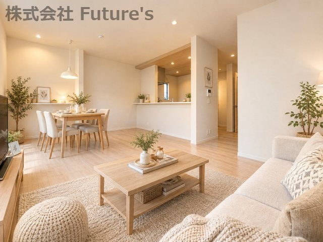 八潮市八潮6丁目　新築戸建　全2棟　2号棟の居間・リビング|現況の物件写真にCGによる画像処理を行っています。家具、家電、小物、カーテン等はイメージはCGです。
