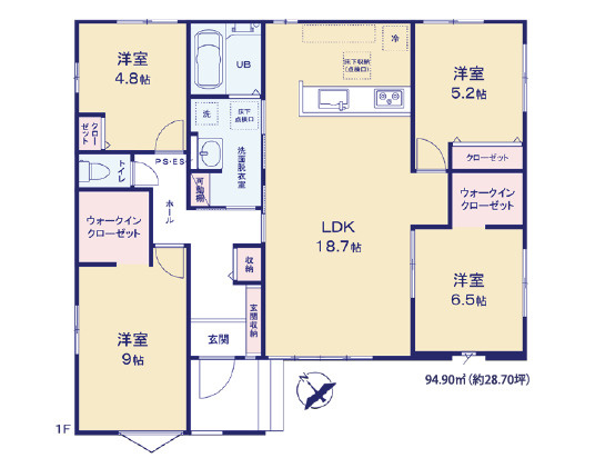 土浦市荒川沖東6期　新築戸建の間取り|家族が自然と集まる明るいLDK。お子様ものびのび過ごせる平屋ならではの空間。