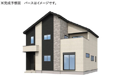 土浦市荒川沖東6期　新築戸建の外観パース|完成予想パースです。落ち着いたカラーリングとバランスの取れたフォルムが魅力。洗練されたデザインが際立ちます。
