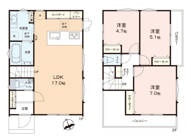 富士見市大字水子の新築一戸建の間取り|南向きで陽当り良好！
折上天井で開放感のあるLDKは17帖の広さ。