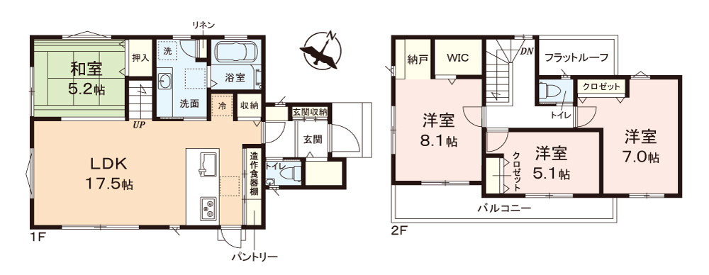富士見市鶴瀬西３丁目の新築一戸建の間取り|南東向きで陽当り良好！
リビングイン階段を配したLDKは17.5帖の広さ。
折上天井で開放的な空間です。