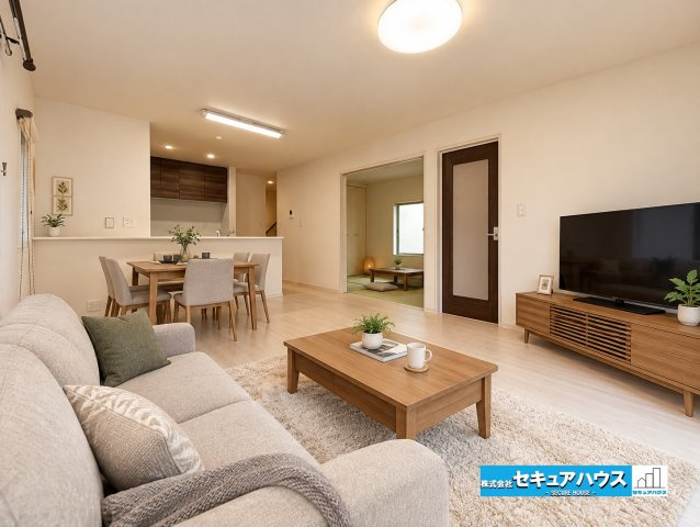 【中古戸建】知多市八幡字森之前の居間・リビング|【LDK】※家具はイメージになります。
◆通学から帰宅し、リビングルームで会話を楽しむ子ども達。リビングから臨む景色は太陽色に染まり、解放感溢れゆったりとしたひと時を過ごすことが出来る素敵な空間です。