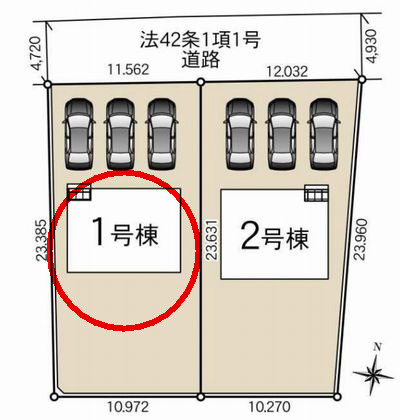 クレイドルガーデン前橋市今井町第１　１号棟の区画図|駐車場３台ご用意しています！来客時も重宝します♪
並列駐車なので、車の出し入れもしやすいですよ！