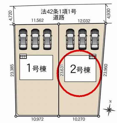 クレイドルガーデン前橋市今井町第１　２号棟の区画図|駐車場３台ご用意しています！来客時も重宝します♪
並列駐車なので、車の出し入れもしやすいですよ！