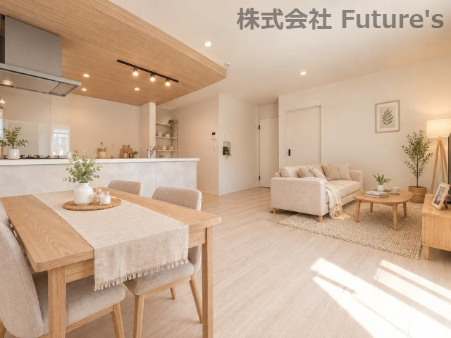 三郷市高州2丁目　新築戸建　全1棟の居間・リビング|現況の物件写真にCGによる画像処理を行っています。家具、家電、小物、カーテン等はイメージはCGです。