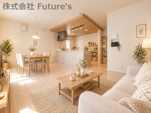 三郷市高州2丁目　新築戸建　全1棟の居間・リビング|現況の物件写真にCGによる画像処理を行っています。家具、家電、小物、カーテン等はイメージはCGです。