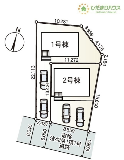 【区画図】 | 土浦市乙戸南第7　新築戸建　1号棟 | 車の出入りもラクラクな前面道路幅6ｍ！
（1号棟）