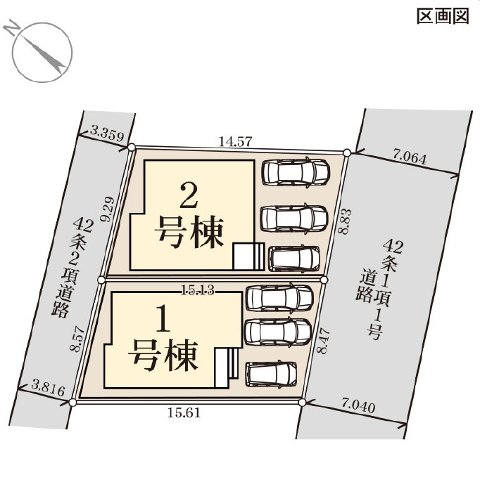 リーブルガーデン読谷村比謝・１号棟の区画図|区画図／接道状況：北西側3.3ｍ私道・南東側7ｍ公道