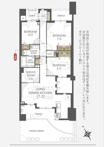 レクセルプラッツァせんげん台弐番館の間取り|3LDK 専有面積83.28m2 テラス面積1.789m2　専用庭面積16.34m2  ポーチ面積2.47m2
魅力的な間取り設計となっております。豊富な収納スペースで、すっきりと暮らせます。