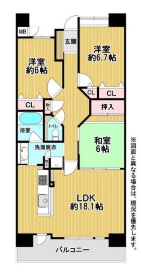 フローレンス八幡駅前グランドアークの間取り|使い勝手の良い3LDK♪ご家族それぞれのプライベート空間を確保しながら、快適に暮らせる間取りです！