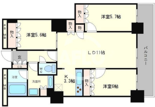 阿波座ライズタワーズフラッグ46　ＯＭＰタワー　本田小学校の間取り|阿波座ライズタワーフラッグ46　ＯＭＰタワー　開放的な間取り