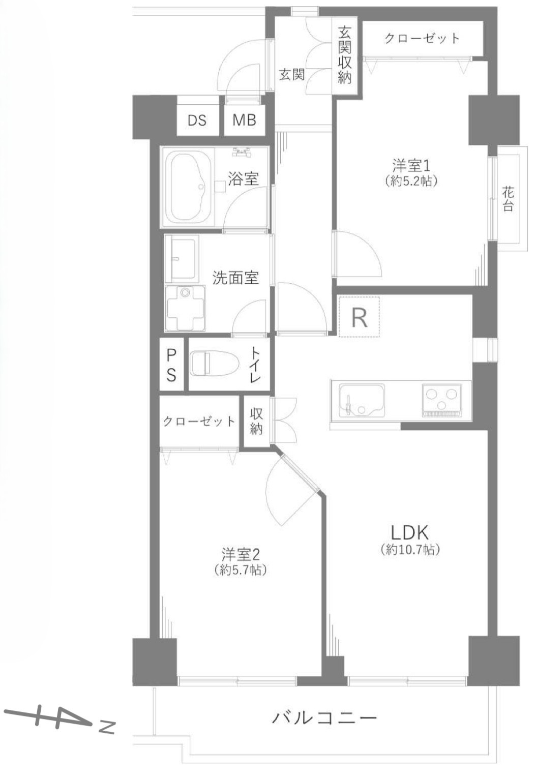 ライネスハイム川口の間取り|角部屋につき陽当たり・通風ともに良好な2LDK！専有面積52.60㎡、バルコニー面積6.18㎡のゆとりある住空間です。全居室フローリング仕様で水まわりも一新された快適なリノベーション住戸です。