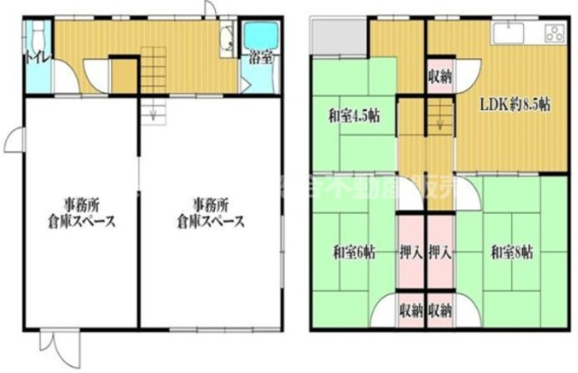 鴻池徳庵町中古戸建の間取り|1F部分は事務所・倉庫として利用可能なゆとりのあるスペースがあり、何か事業を始められる方に特にオススメです！