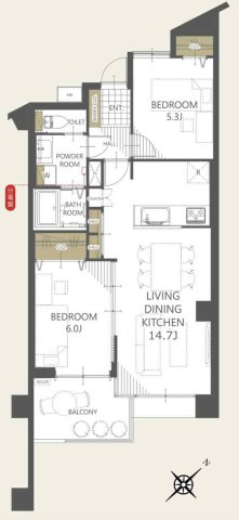 クレール川口の間取り|2LDK 専有面積58.98㎡ バルコニー面積6.26㎡のゆとりある住設計。南東向きで陽当り良好な角部屋住戸！全居室収納完備や使い勝手の良い間取り設計で、快適な暮らしを幅広くサポートします。