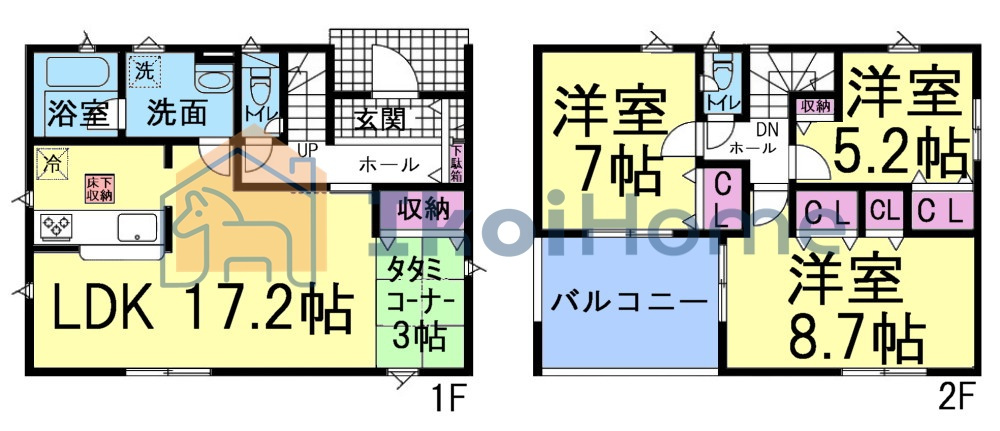 神戸市西区天が岡第2　新築戸建の間取り|LDK17.2帖、畳コーナー有りの4LDKの間取りになります。全室収納付き、ワイドバルコニーです！