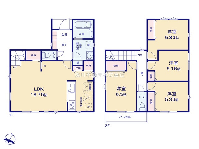 八王子市　下柚木　新築一戸建て　１期の間取り|～南向き4LDK　開放感のあるワンフロアリビングの間取り～