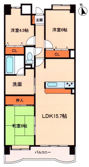 サンハウス小牧中央の間取り|陽当たり・眺望良好。
南面LDK15.7帖＋和室６帖の続き間です。