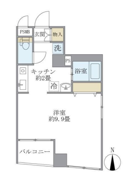 エクセル遠藤の間取り|南向きバルコニー南東角部屋2面採光の1R
広々洋室9.9帖バストイレ別独立洗面台！