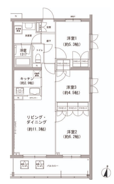 ヒューリックコート雪が谷の間取り|南向きバルコニーの3LDK
