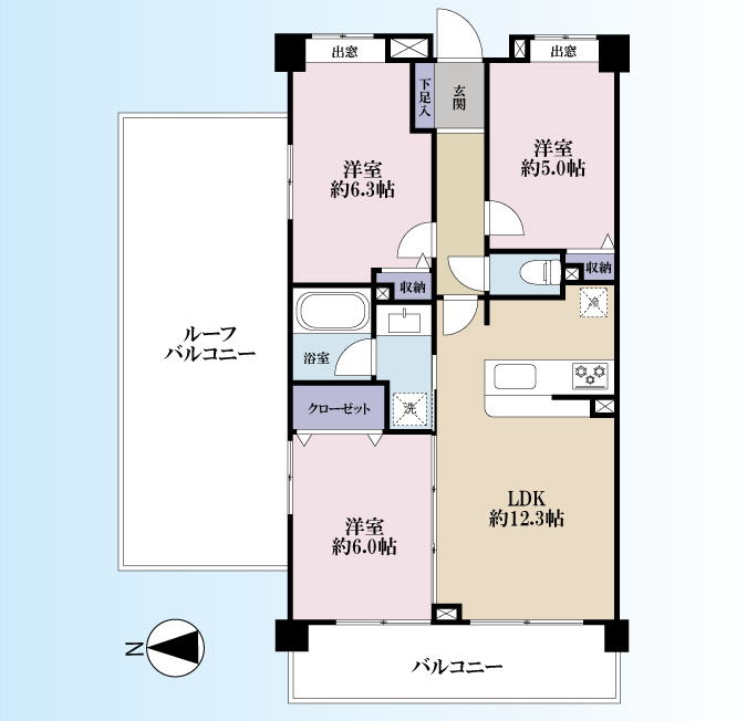 ライオンズマンション成城の間取り|専有面積63.00㎡の3LDK。約5.0帖の納戸や収納を備え、居住スペースをすっきり使いやすい間取りです。