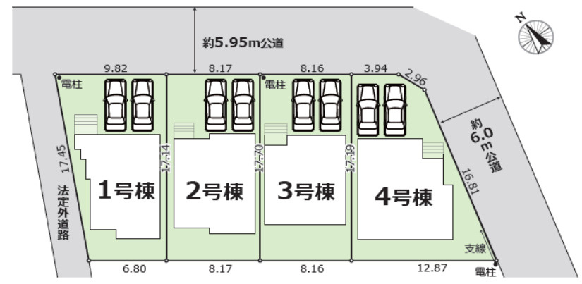 【同施工物件ご案内可能】知多市寺本新町２丁目　全４棟の区画図|全体区画数｜全4棟 
◆駐車2台可能！(但し、車種による) 
◎まずは、お気軽にお問い合わせください。現地を案内しながら周辺環境も見て頂けます。