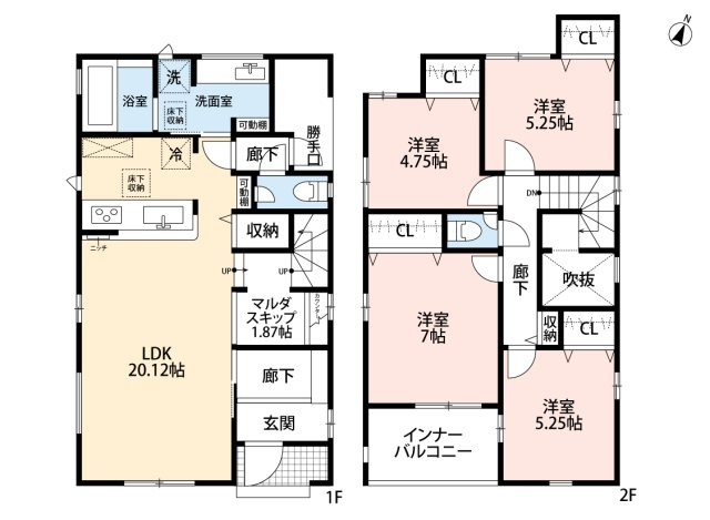 小牧市大字本庄字郷浦　新築戸建　2号棟の間取り|20帖のリビングには上部吹抜のマルチスキップあり♪
ゴミ出し等に便利なバックヤードスペースのある勝手口♪