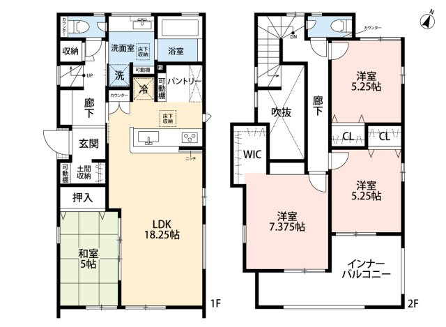 小牧市大字本庄字郷浦　新築戸建　1号棟の間取り|土間収納×パントリー×可動棚×WICでスマート動線.
LDK18.25帖＋和室５帖の続き間でゆとりの空間です。
