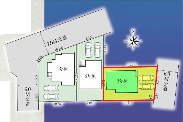 新築　高崎市東貝沢町2期　GRAFARE　3号棟の区画図|3号棟　区画図　東側接道幅員約6ｍ　