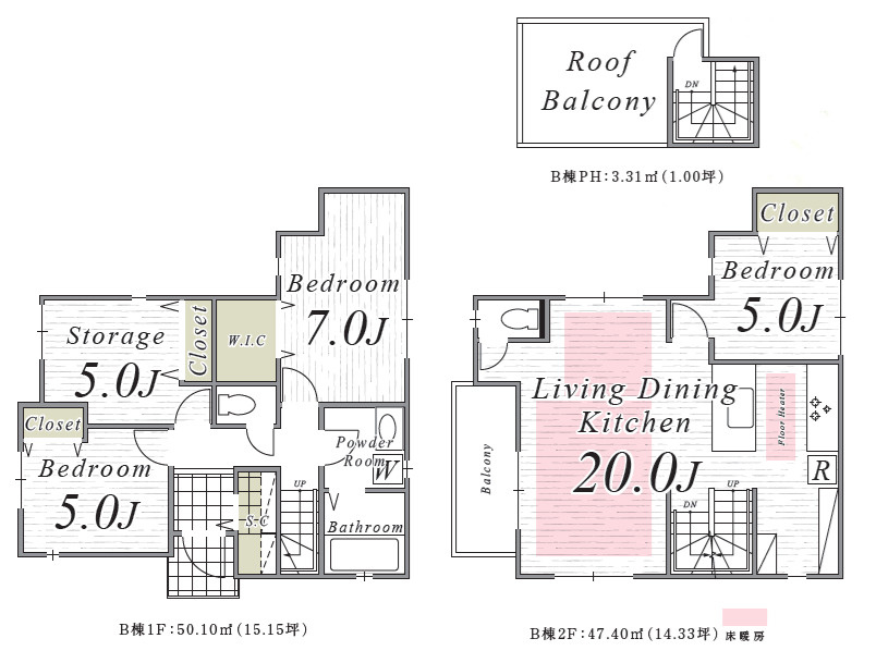 練馬区向山3丁目　7家族様限定×新コミュニティ　新規開発分譲の間取り|B号棟　3LDK+S+SIC+屋上ルーフバルコニー　敷地面積 111.08ｍ2　建物面積 100.81ｍ2