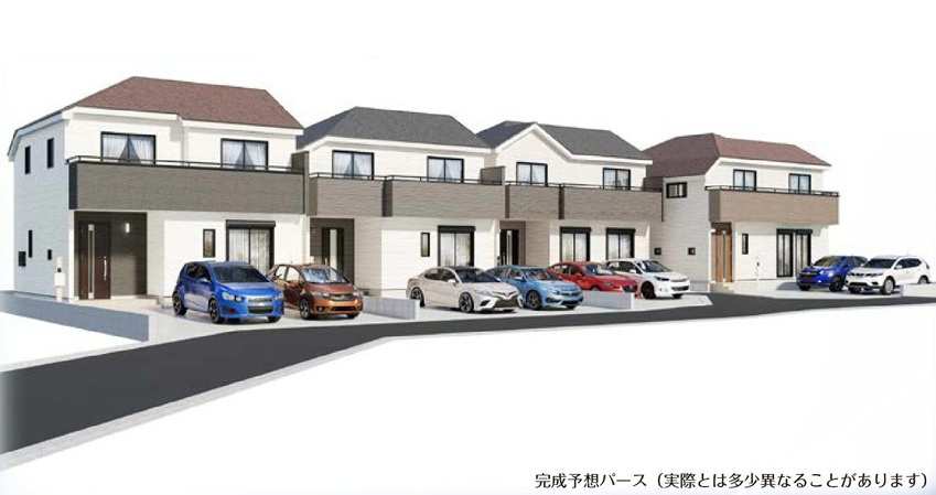 八王子市中野上町の外観パース|同じ時期に新しい暮らしをスタートするご家族が集う、多棟ならではの安心感。統一された景観と調和のとれた住環境が、心地よい日常を演出します。