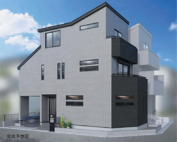 八王子市万町の外観パース|【※完成予想図】洗練された外観と機能的な設計が魅力の3階建て住宅。住まいに求められる快適性とデザイン性をバランス良く備えています。