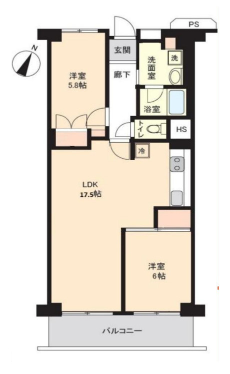 北本ハイデンス2号棟の間取り|【北本ハイデンス2号棟】・2LDK・専有面積66.81m2・バルコニー面積7.84m2