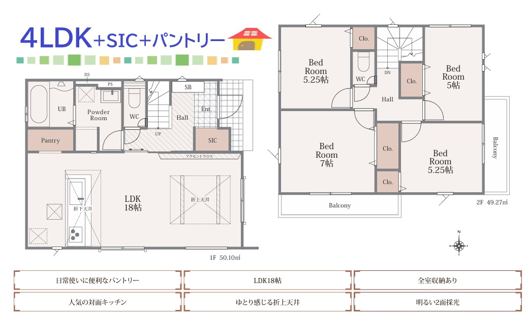 平塚市横内13期　新築戸建　全1棟の間取り|こちら全居室が「2面採光」で明るい光と心地よい風を感じます◎
SICやパントリーなど収納充実！