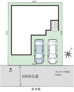 「長期優良住宅認定」高知市桟橋通3丁目8期1棟　新築一戸建ての区画図|お車を並列で2台駐車可能なゆとりある敷地計画。前面道路からの出入りもスムーズで安心です。