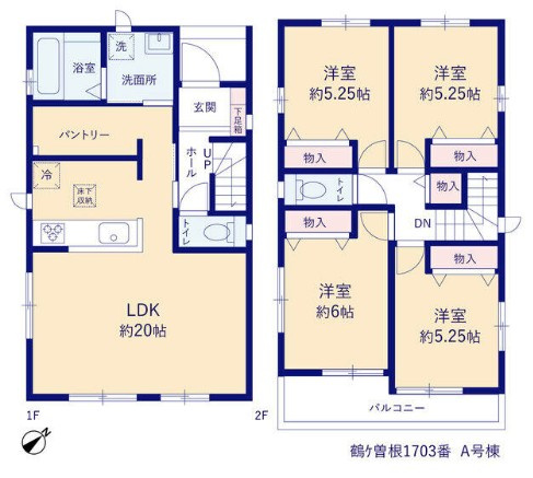 八潮市鶴ケ曽根　新築戸建　全3棟　A号棟の間取り|キッチン裏に広々パントリーを配置！2階に4部屋ある4LDKの邸宅です