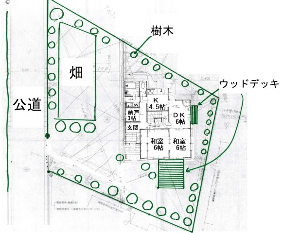 大きな家庭菜園・庭付（一部リフォーム）黒磯戸建の区画図|畑部分が1階建物部分以上にあります。120坪の土地と畑