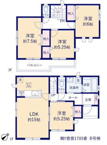 八潮市鶴ケ曽根　新築戸建　全3棟　B号棟の間取り|全居室南向きの陽当たり良好な4LDKの邸宅です