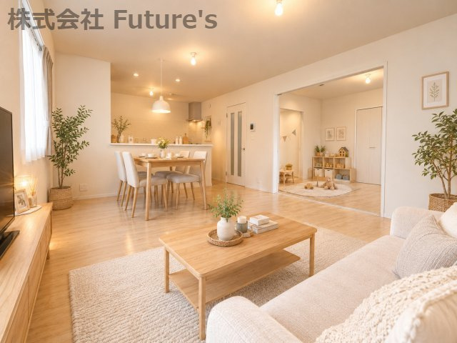八潮市鶴ケ曽根　新築戸建　全3棟　B号棟の居間・リビング|現況の物件写真にCGによる画像処理を行っています。家具、家電、小物、カーテン等はイメージはCGです。