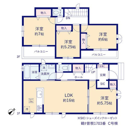 八潮市鶴ケ曽根　新築戸建　全3棟　C号棟の間取り|全居室南向きの陽当たり良好な4LDKの邸宅です