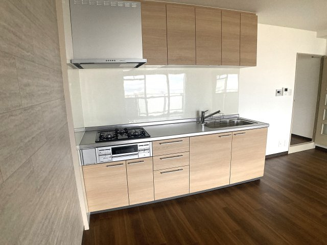 コーポサンルーツⅡのキッチン|大きなシステムキッチン、3口ガスコンログリル付き