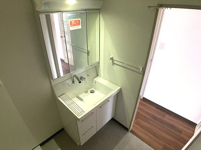コーポサンルーツⅡの洗面所|3面鏡付きのシャワー付きの洗面台
